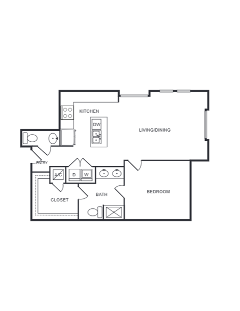 Floor plan for 1 bed, 1.5 baths, 990 sqft